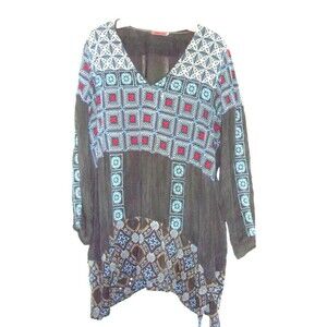 Johnny Was Knee Length Tunic Dress Sz. XXL Embroidered Gray Rayon Silk